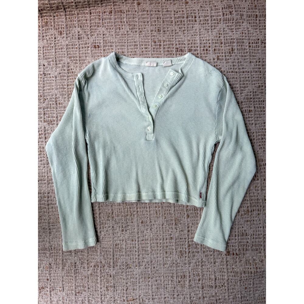 Levi’s XS Ribbed Cropped Henley Top Sage Green Minimalist Y2K Long Sleeve